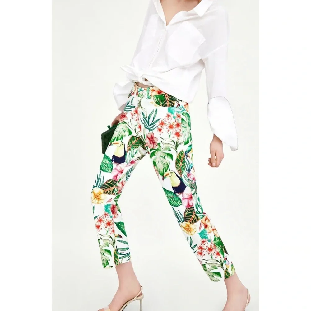 Zara Womens Pants 4 White Tropical Coastal Print Denim Straight Leg Crop Jeans - Picture 1 of 11